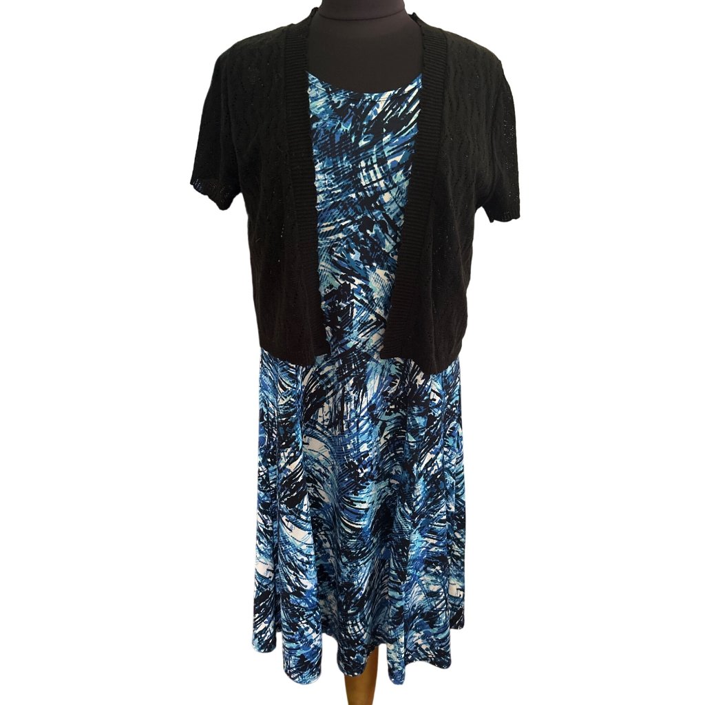 Kim Rogers Blue & Black Print Sleeveless Dress With Shrug, Size Lp
